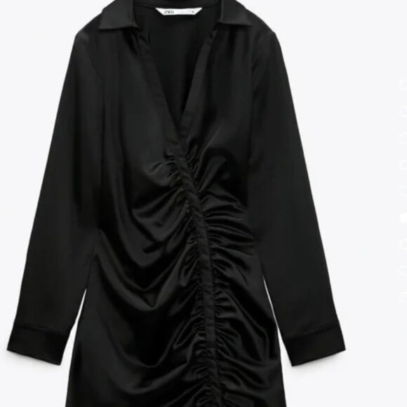 NWOT Zara Ruched Front Satin Black Mini Dress Size Medium - Picture 4 of 5